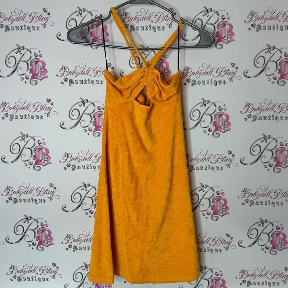 H&M dress orange Yellow Ruched Halter Sundress terry cloth towel fabric